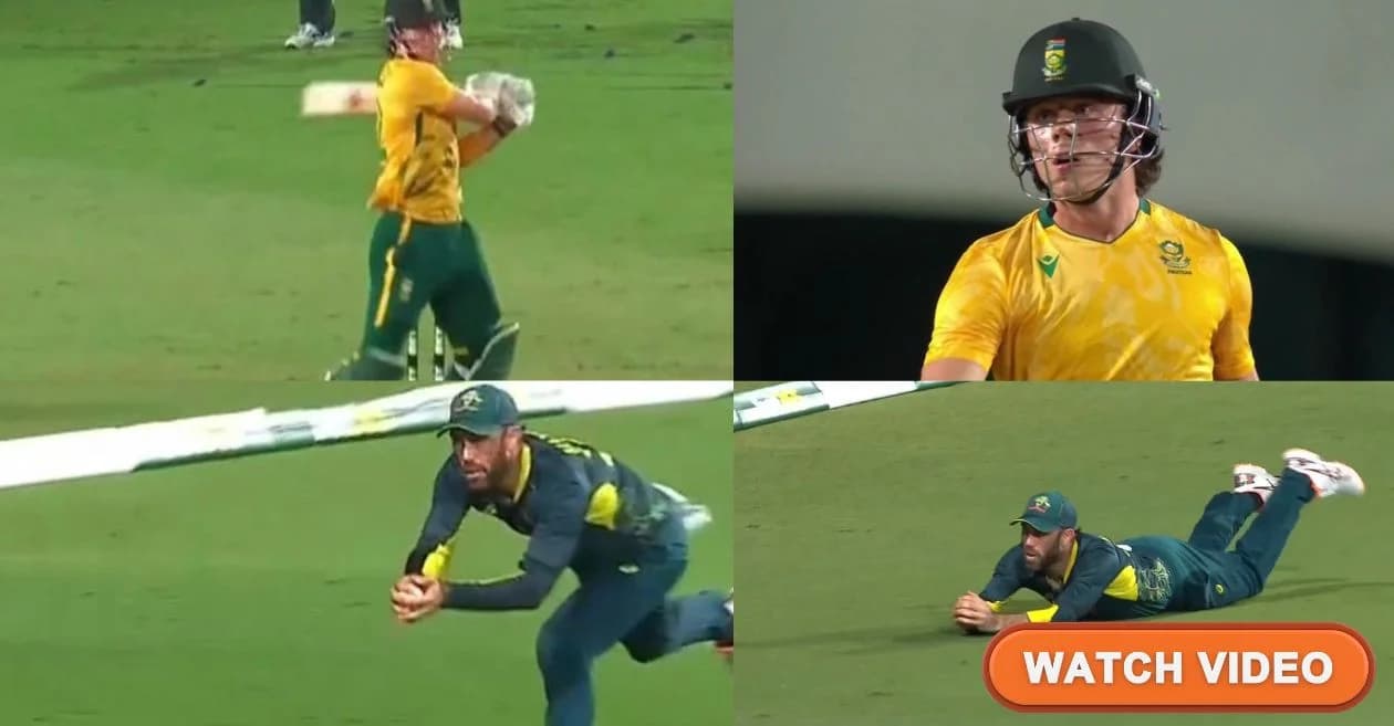 AUS vs SA : Glenn Maxwell takes a jaw-dropping catch to dismiss Dewald Brevis during the 3rd T20I