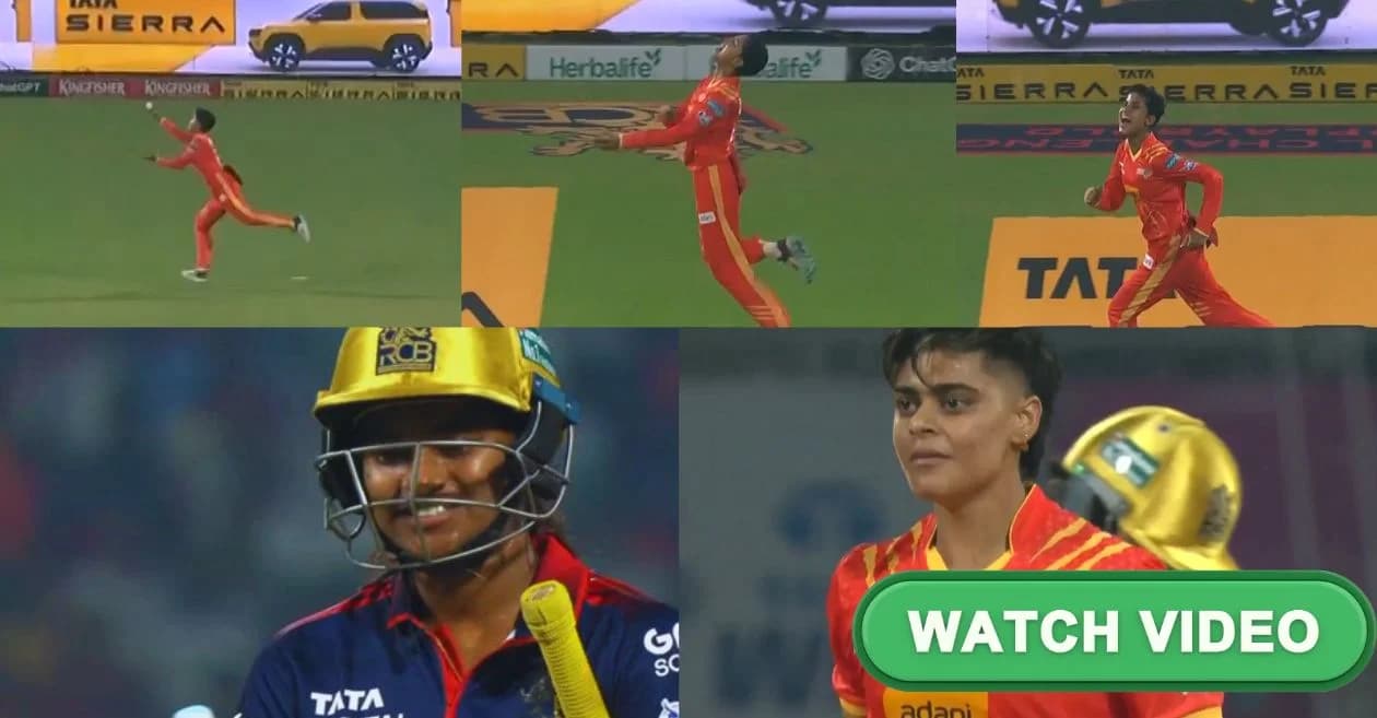 WPL 2026 : Debutant Shivani Singh pulls off a jaw-dropping one-handed stunner during RCB-W vs GG-W clash