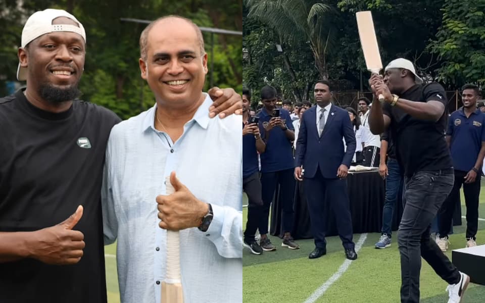Usain Bolt plays cricket with former Indian cricketer Nilesh Kulkarni