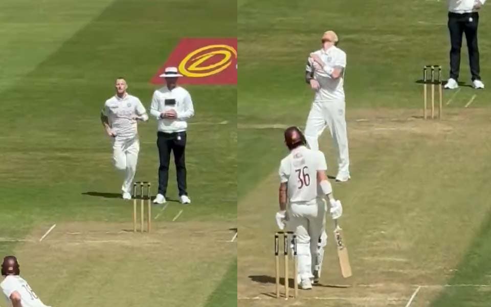 Ben Stokes runs in from boundary line to bowl during County Championship game for Durham