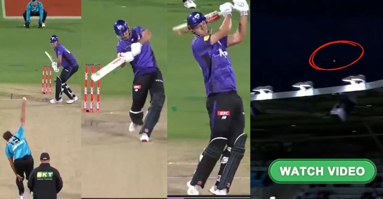 WATCH: Beau Webster launches a colossal 105 meter six as Brisbane Heat sneak past Hobart Hurricanes in BBL|15
