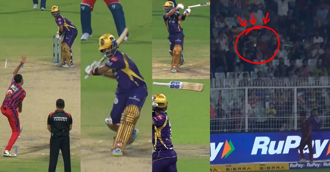 IPL 2026 : Ajinkya Rahane launches a bizarre six as his bat slips mid-shot during KKR vs LSG encounter
