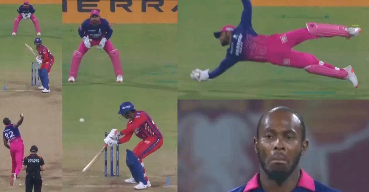 IPL 2026 : Dhruv Jurel pulls off a gravity-defying diving stunner to dismiss Mayank Yadav in LSG vs RR clash