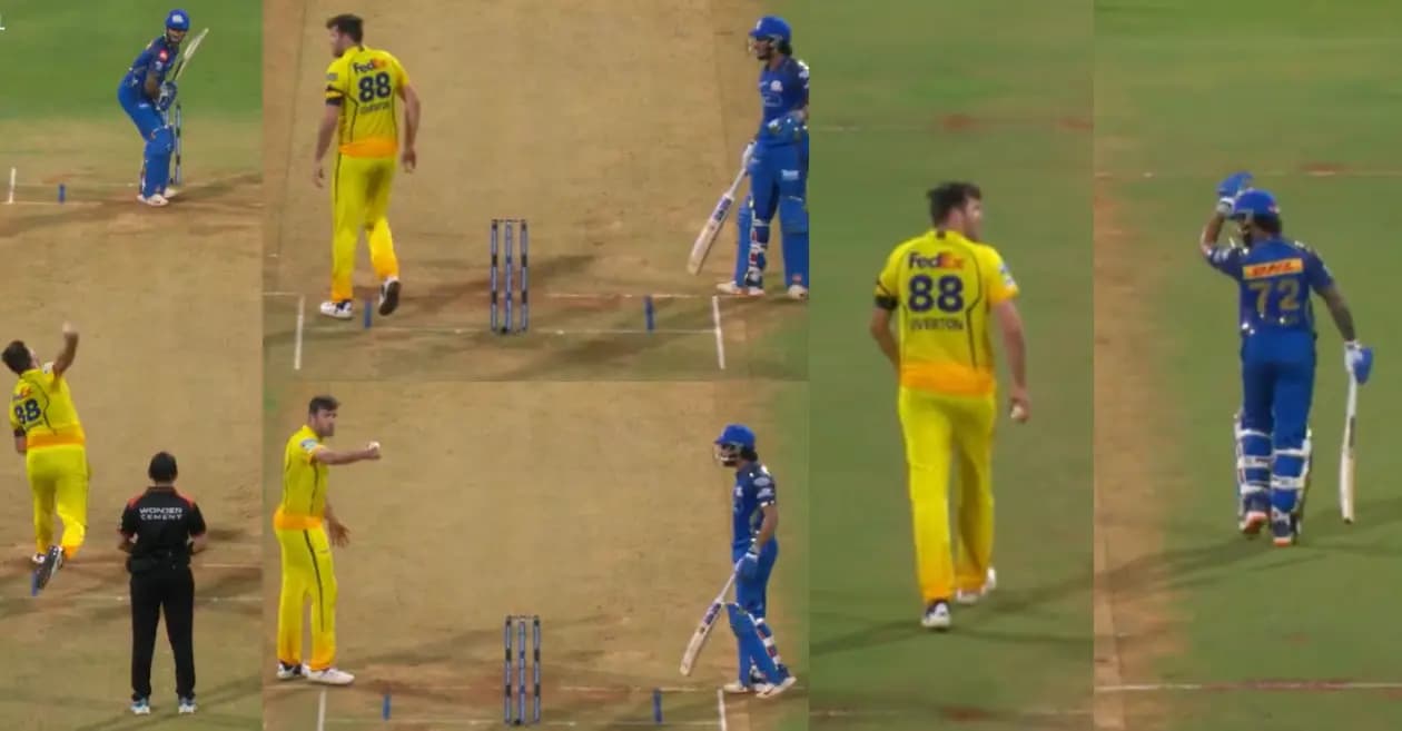 IPL 2026 : Tilak Varma and Jamie Overton engage in a fiery on-field clash during MI vs CSK encounter