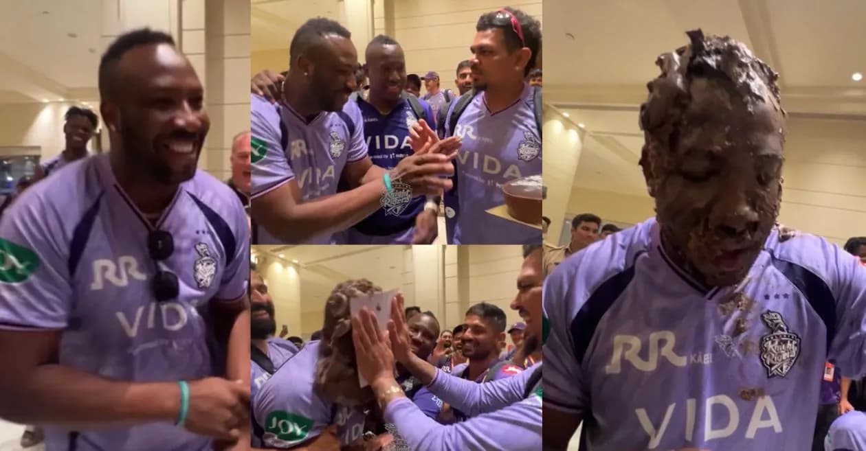 IPL 2026 : KKR players celebrate Andre Russell’s birthday with a cake smash following victory over SRH