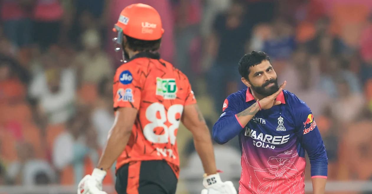 IPL 2026 : Ravindra Jadeja responds with cheeky Pushpa celebration after dismissing Nitish Kumar Reddy in SRH vs RR Eliminator