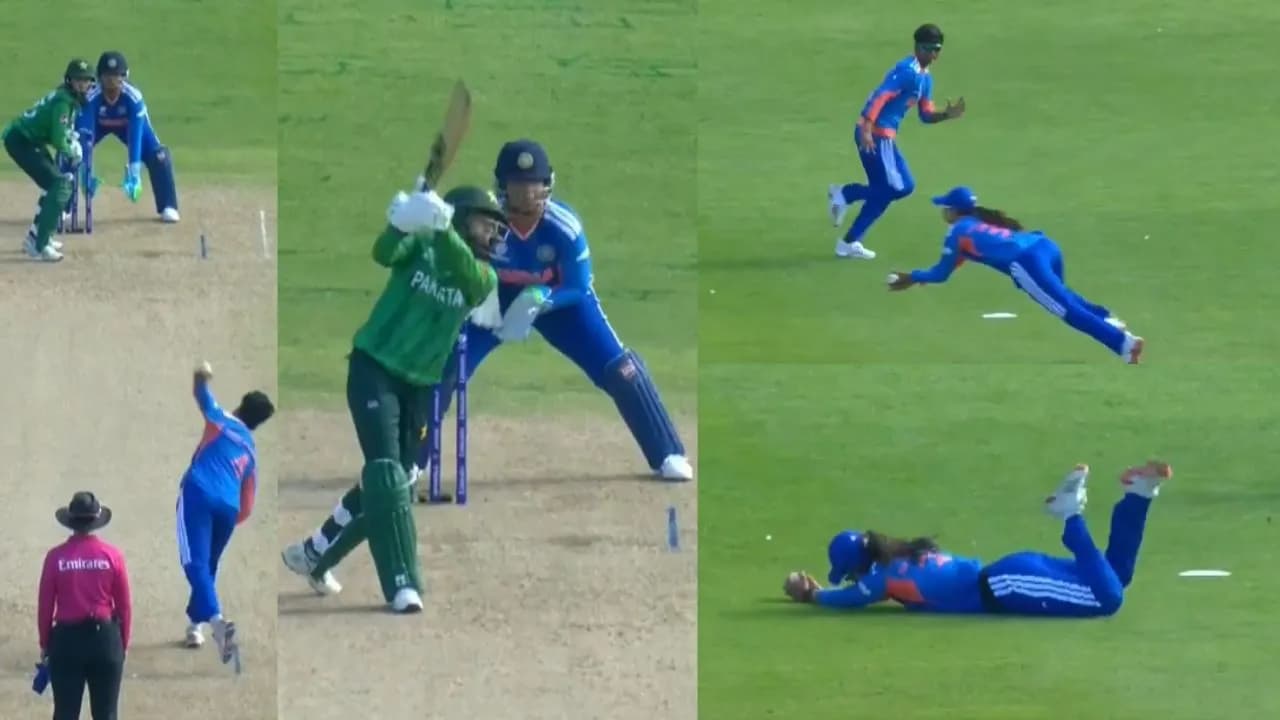 IND vs PAK : Shreyanka Patil produces a gravity-defying catch to remove Rameen Shamim in Women’s T20 World Cup 2026 clash