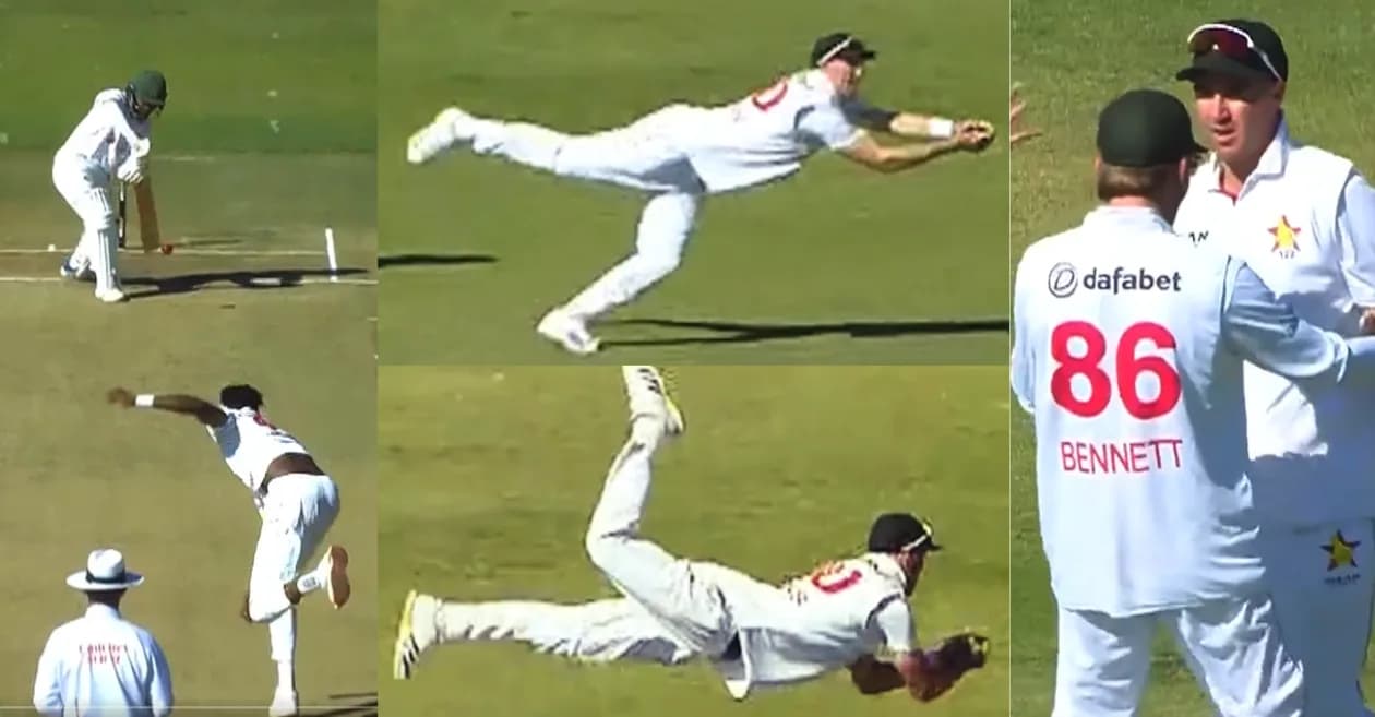 ZIM vs BAN : Brad Evans takes a stunning diving catch to dismiss Mominul Haque in the one-off Test